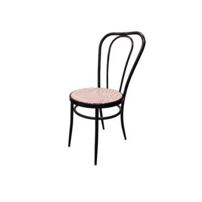 This chair is a classic Thonet design, characterised by its black steam-bent wooden frame and Vienna straw seat; available for hire for events, advertising, films and TV series