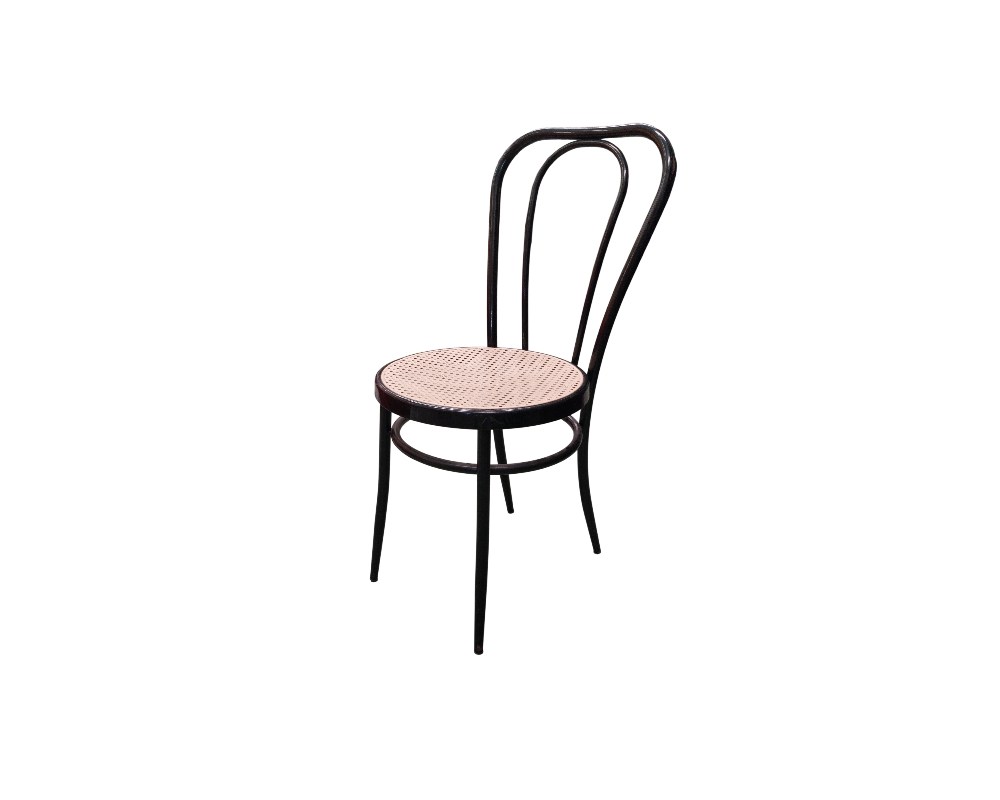 This chair is a classic Thonet design, characterised by its black steam-bent wooden frame and Vienna straw seat; available for hire for events, advertising, films and TV series