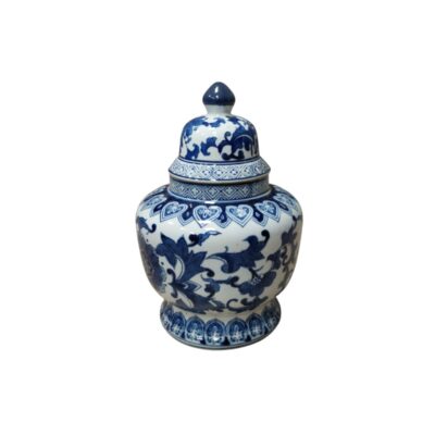 porcelain ginger jar, characterised by its classic silhouette with a bulbous body and tight-fitting lid with a decorative top; available for hire for events, advertising, films and TV series