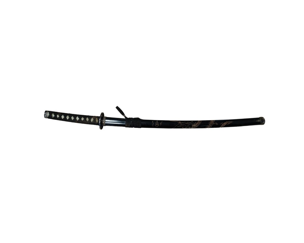 Ornamental Japanese-style sword, short in design, displayed horizontally without a stand; available for hire for events, advertising, films and TV series