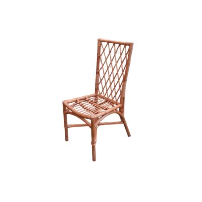 A classic period chair made entirely from a natural wicker and rattan frame, characterised by its seat of interwoven slats and a distinctive high backrest featuring an openwork geometric diamond pattern; available for hire for events, advertising, films and TV series