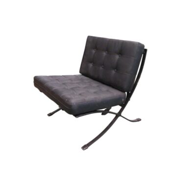 A vintage armchair with a modern design, featuring a padded seat and backrest with a tufted pattern, upholstered in black leather or imitation leather, supported by a distinctive cross-shaped metal frame with curved legs. Available for hire for events, advertising, films and TV series.