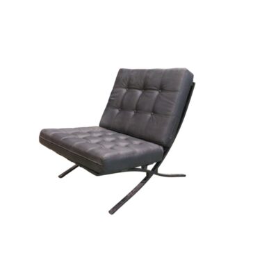 Iconic vintage armchair with a modern design, featuring a padded seat and backrest with a tufted pattern, upholstered in leather; available for hire for events, advertising, films and TV series