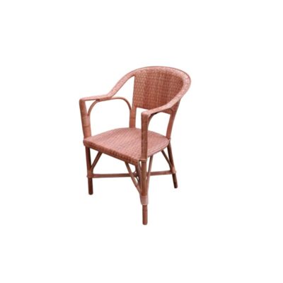 An elegant period chair made entirely from a natural wicker and rattan frame, characterised by a uniformly woven seat and backrest and integrated armrests with curved lines; available for hire for events, advertising, films and TV series