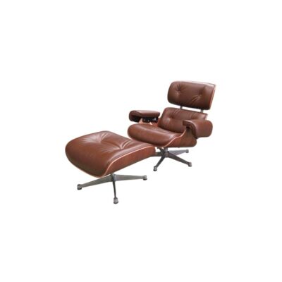 A set comprising an Eames-style lounge chair and its matching vintage footstool, characterised by a moulded plywood frame with an outer veneer and generously padded cushions upholstered in leather; available for hire for events, advertising, films and TV series