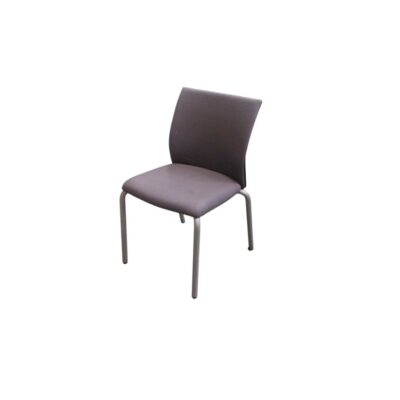 A contemporary designer chair, characterised by a tubular metal frame and a seat with a wraparound backrest, both fully upholstered in grey fabric; available for hire for events, advertising, films and TV series