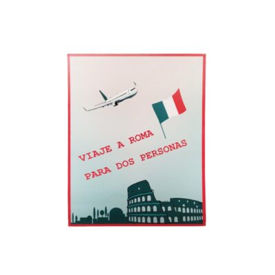 Vintage decorative print, characterised by its graphic design featuring classic tourist motifs, including an aeroplane in flight, the Italian flag and a silhouette of the Roman Colosseum, accompanied by the typographic inscription in shades of red: ‘TRIP TO ROME FOR TWO PEOPLE’. Available for hire for events, advertising, films and TV series