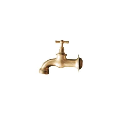 A traditional wall-mounted tap made from solid cast brass, dating from around the 1940s. It features a classic design with a curved spout fitted with a front thread for connecting a hose, a sturdy horizontal body with a wall-mounting rosette, and a top-mounted control operated by a cross-shaped lever. Available for hire for events, advertising, films and TV series.