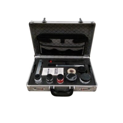 Hard aluminium case with a combination lock and a textured silver finish, specifically designed to hold a complete forensic kit for the detection and collection of fingerprints; available for hire for events, advertising, films and TV series
