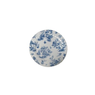 A glazed ceramic plate with a white background, meticulously decorated with cobalt blue motifs depicting classical-inspired rural landscapes and architectural scenes; available for hire for events, advertising, films and TV series