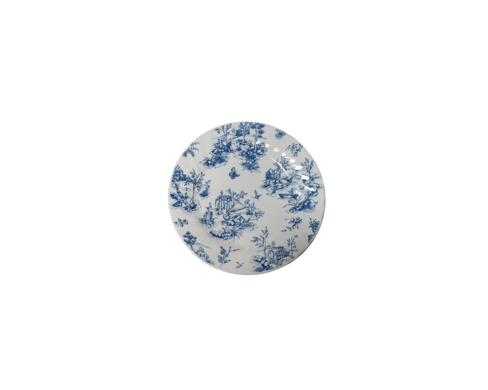 A glazed ceramic plate with a white background, meticulously decorated with cobalt blue motifs depicting classical-inspired rural landscapes and architectural scenes; available for hire for events, advertising, films and TV series