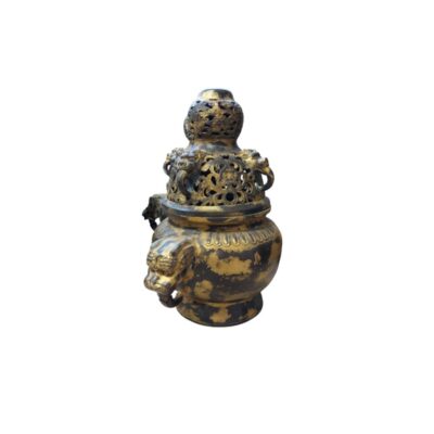 A metal censer with a spherical body, featuring a dark finish and a worn golden patina, characterised by side handles embossed with lion’s heads and a top lid with intricate openwork detailing featuring ornamental elements; available for hire for events, advertising, films and TV series