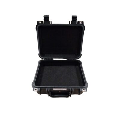 A hard-shell security case made from high-strength black polymer, featuring a textured exterior design with structural reinforcements and high-security snap-lock fastenings; available for hire for events, advertising, films and TV series