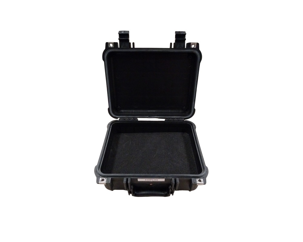 A hard-shell security case made from high-strength black polymer, featuring a textured exterior design with structural reinforcements and high-security snap-lock fastenings; available for hire for events, advertising, films and TV series