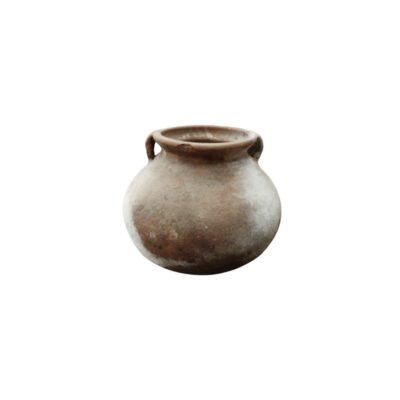 a small traditional ceramic vessel with a globular, flattened body, characterised by a rustic-textured finish in earthy tones and two small symmetrical handles on either side of the neck; available for hire for events, advertising, films and TV series