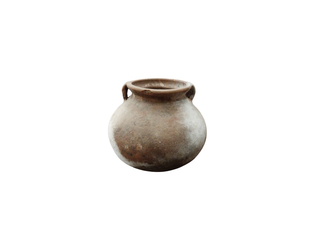 a small traditional ceramic vessel with a globular, flattened body, characterised by a rustic-textured finish in earthy tones and two small symmetrical handles on either side of the neck; available for hire for events, advertising, films and TV series