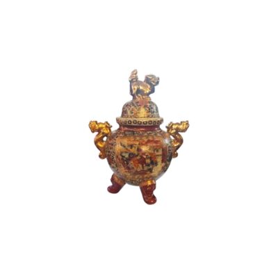 Decorative ceramic or porcelain incense burner in an oriental style, richly decorated with multicoloured and gold details; available for hire for events, advertising, films and TV series
