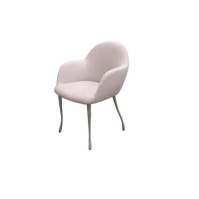 Vintage accent armchair, characterised by a wraparound, one-piece body with integrated armrests, upholstered in white fabric; available for hire for events, advertising, films and TV series