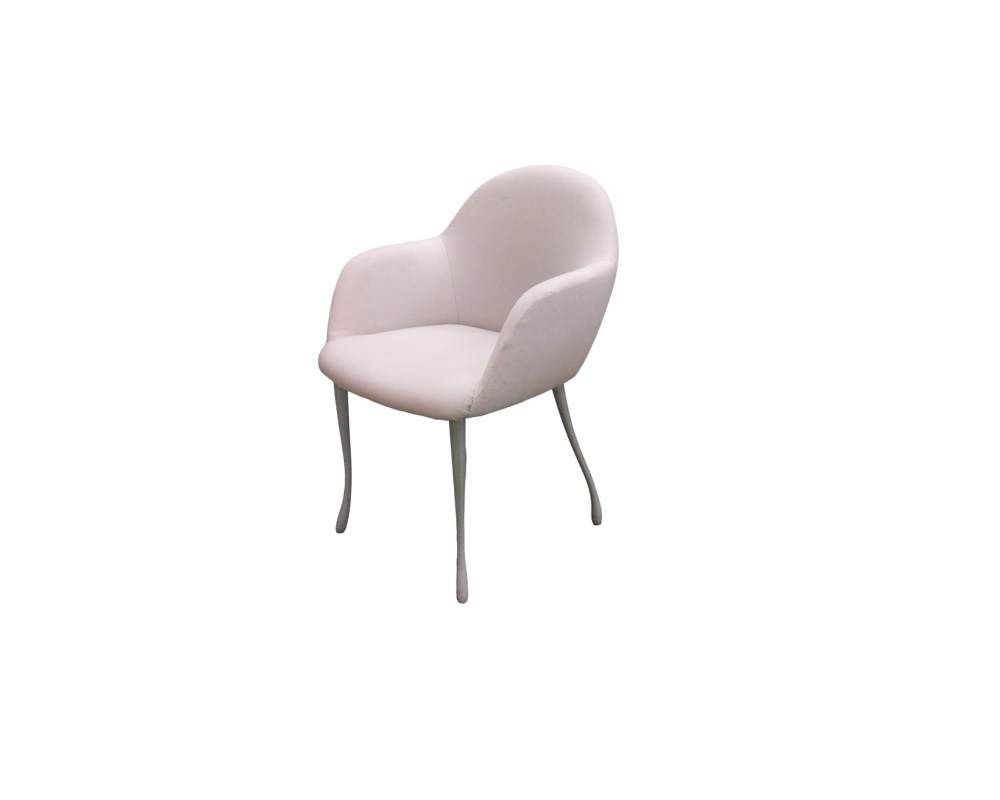 Vintage accent armchair, characterised by a wraparound, one-piece body with integrated armrests, upholstered in white fabric; available for hire for events, advertising, films and TV series