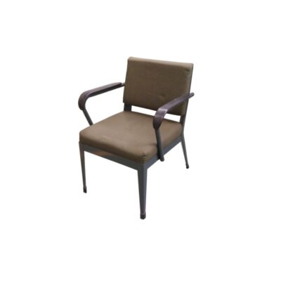 Vintage corporate-style armchair, characterised by a sturdy metal frame, with a padded seat and backrest upholstered in khaki-green fabric; available for hire for events, advertising, films and TV series