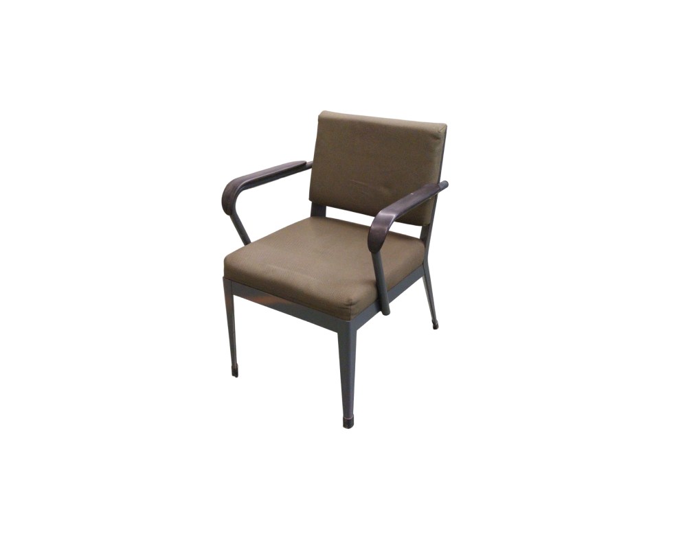 Vintage corporate-style armchair, characterised by a sturdy metal frame, with a padded seat and backrest upholstered in khaki-green fabric; available for hire for events, advertising, films and TV series