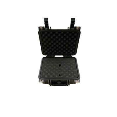 Compact security case made from high-strength black polymer, featuring a textured exterior design with grid-patterned reinforcements and secure locking latches; available for hire for events, advertising, films and TV series