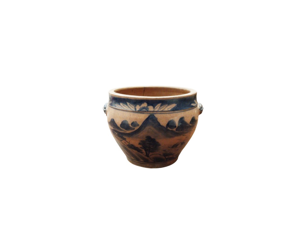 A small, open-top ceramic vessel, characterised by a body that widens towards the top, small ornamental side handles and a delicate painted decoration in shades of blue and white depicting a traditional mountainous landscape with trees and architectural features; available for hire for events, advertising, films and TV series
