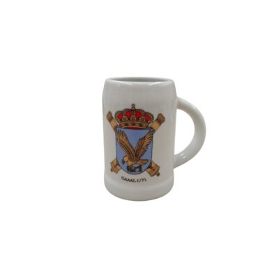 white ceramic mug with a side handle, featuring a full-colour print of the coat of arms of GAAAL I/71 (Light Anti-Aircraft Artillery Group), featuring the royal crown, crossed cannons and an eagle on a blue background; available for hire for events, advertising, films and TV series