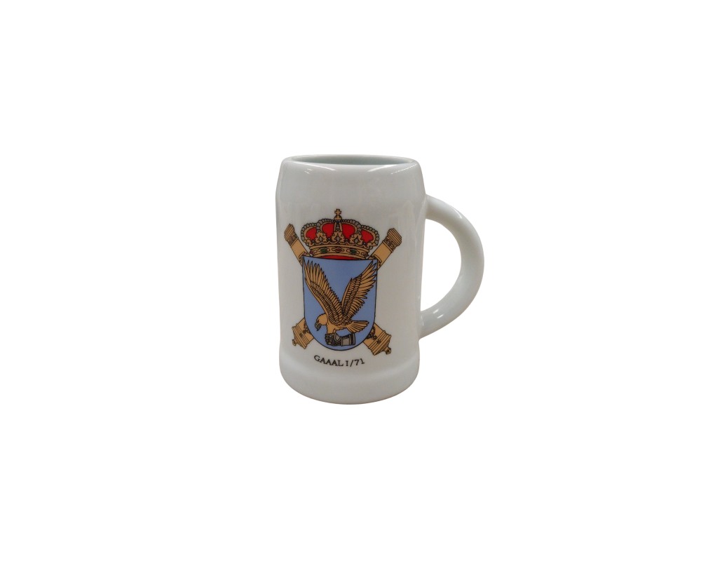 white ceramic mug with a side handle, featuring a full-colour print of the coat of arms of GAAAL I/71 (Light Anti-Aircraft Artillery Group), featuring the royal crown, crossed cannons and an eagle on a blue background; available for hire for events, advertising, films and TV series