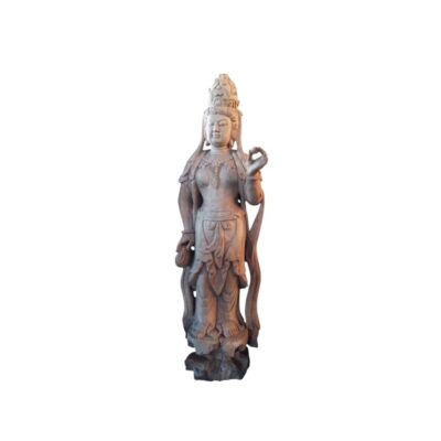 A carved wooden sculpture depicting a divine-looking figure or bodhisattva in a standing position, wearing draped traditional robes, necklaces and an elaborate headdress; available for hire for events, advertising, films and TV series