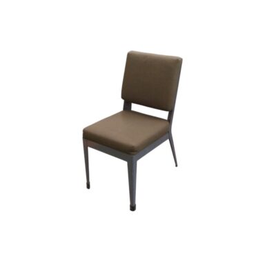 A vintage side chair with a functional design, characterised by a sturdy metal frame and a seat and backrest that are padded and upholstered in khaki-green fabric; available for hire for events, advertising, films and TV series