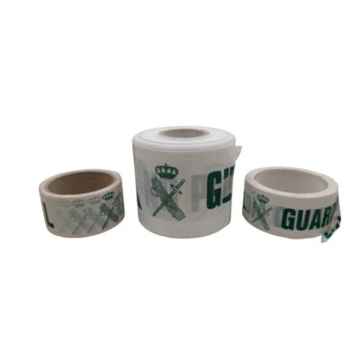 Set of three rolls of white plastic marking and signalling tape, featuring inscriptions and the institutional emblem printed in shades of green reminiscent of the Civil Guard; available for hire for events, advertising, films and TV series