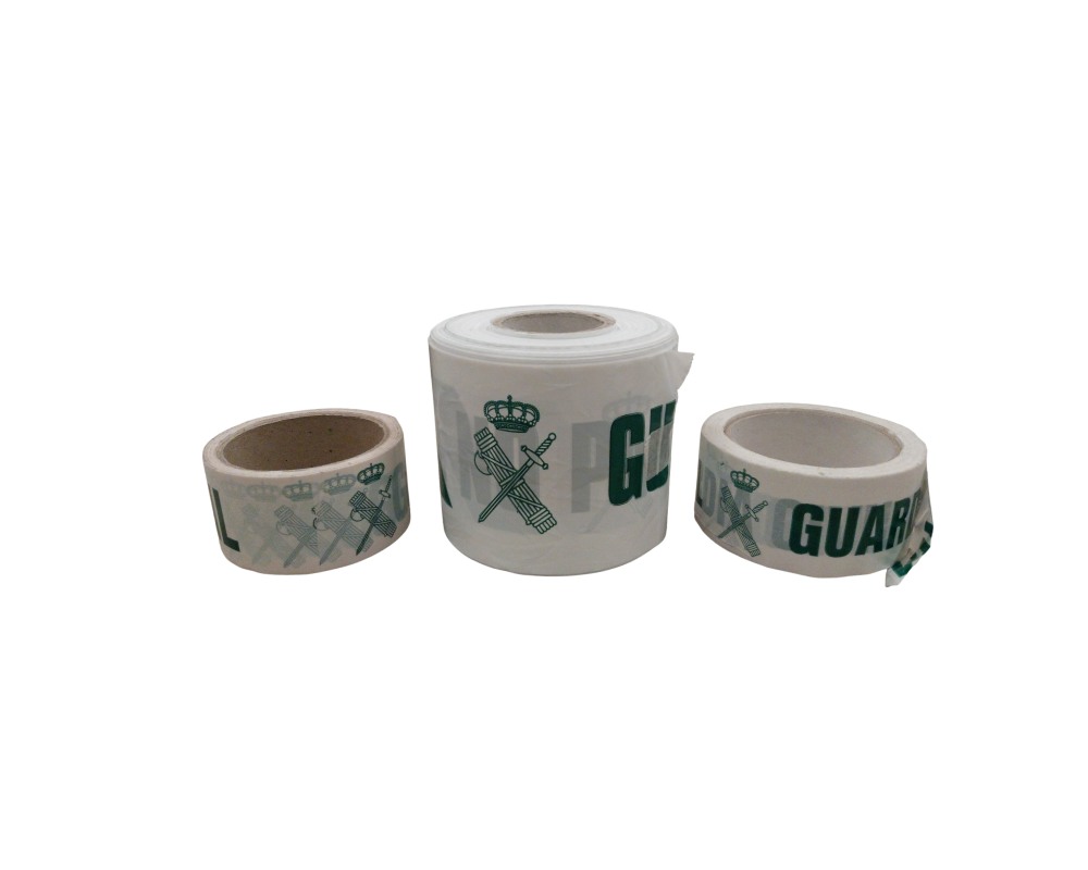 Set of three rolls of white plastic marking and signalling tape, featuring inscriptions and the institutional emblem printed in shades of green reminiscent of the Civil Guard; available for hire for events, advertising, films and TV series