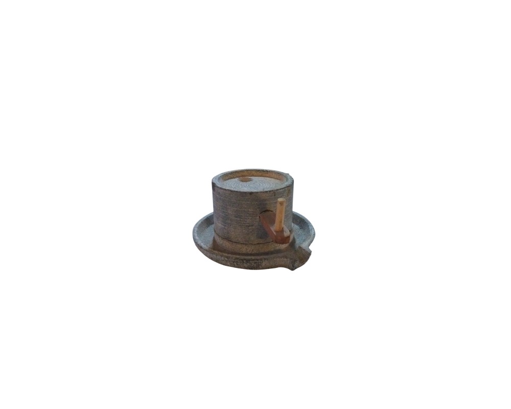 A small replica or model of a traditional stone mill with a cylindrical structure, featuring a circular base with a spout and a small wooden handle or crank attached to the body; available for hire for events, advertising, films and TV series