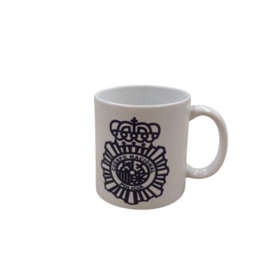 White ceramic mug with a side handle, featuring the National Police Force’s institutional emblem printed in dark colours on its surface, including the eight-pointed star and the royal crown; available for hire for events, advertising, films and TV series