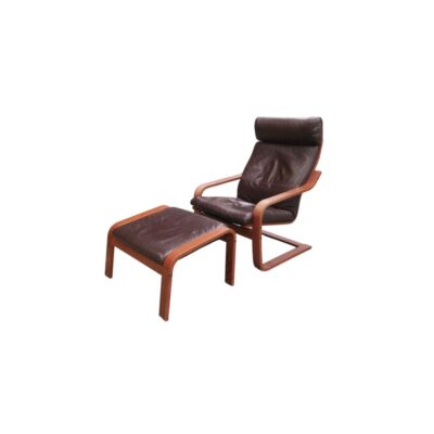 A set comprising a vintage lounge chair and matching footstool, characterised by a sturdy curved plywood frame and generously padded cushions upholstered in dark brown leather. Available for hire for events, advertising, films and TV series.