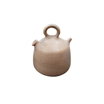 Traditional folk pottery jug with a cylindrical body and rounded base, made from unglazed, porous terracotta in light shades; available for hire for events, advertising, films and TV series