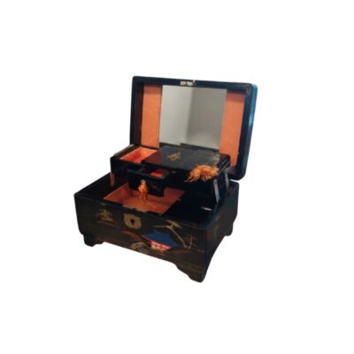 Wooden jewellery box with a lacquered finish, interior mirror and oriental motifs – available for hire for events, advertising, films and TV series