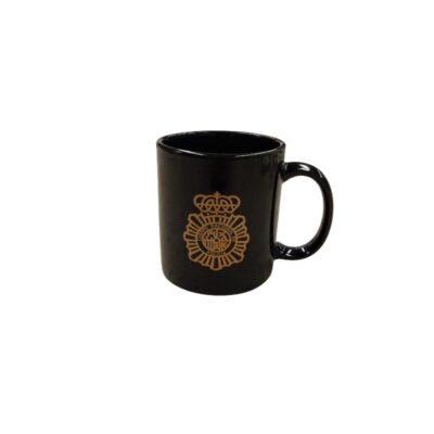 A glossy black ceramic mug with a side handle, featuring the National Police Force’s institutional emblem printed in gold on the front, which includes the eight-pointed star and the royal crown; available for hire for events, advertising, films and TV series