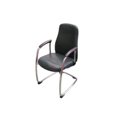 Vintage office chair with a cantilever design, characterised by a sturdy chrome-plated tubular metal frame, with a padded seat and backrest upholstered in leather; available for hire for events, advertising, films and TV series