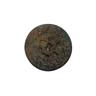 A circular antique bronze mirror with a dark finish and an aged patina, characterised by a densely decorated surface featuring elaborate reliefs of human figures, animals and plant motifs arranged around a central element. Available for hire for events, advertising, films and TV series.