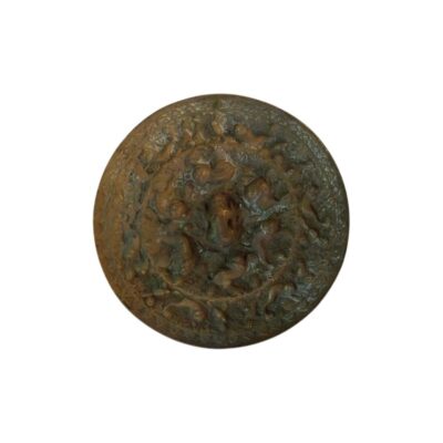 A circular antique bronze mirror with a dark finish and an aged patina, characterised by a densely decorated surface featuring elaborate reliefs of traditional figures and motifs arranged in concentric circles. Available for hire for events, advertising, films and TV series.