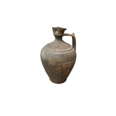 A rustic-looking ceramic jug in earthy tones, characterised by a sturdy, globular body, a practical side handle and clear decorative lines engraved around its surface; available for hire for events, advertising, films and TV series