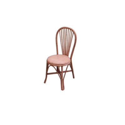 Vintage side chair made entirely from a bamboo and natural rattan frame, characterised by a flat, circular seat with a fine, compact weave and a distinctive oval backrest with vertical rods arranged in a fan-like pattern; available for hire for events, advertising, films and TV series