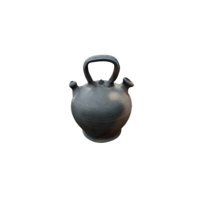 A traditional ceramic water jug characterised by a globular body resting on a pedestal base and a dark, matt ‘bucaro’-style finish; available for hire for events, advertising, films and TV series