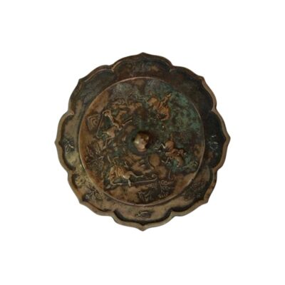 Antique bronze mirror with a distinctive lobed edge and an aged finish with a greenish patina; available for hire for events, advertising, films and TV series