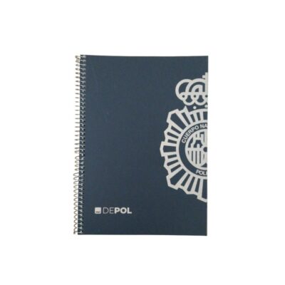 Side-bound ring binder with a dark blue cover, featuring the National Police Force’s institutional logo (in cut-out style) printed on the right-hand side and the DEPOL emblem in the bottom left-hand corner; available for hire for events, advertising, films and TV series