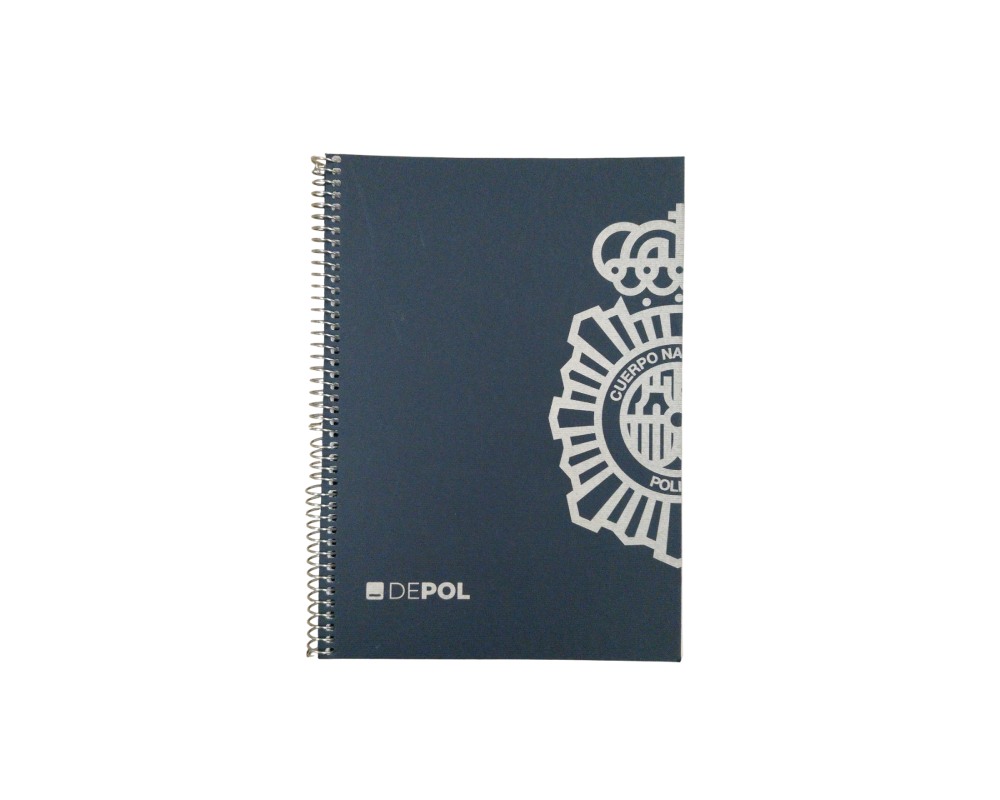 Side-bound ring binder with a dark blue cover, featuring the National Police Force’s institutional logo (in cut-out style) printed on the right-hand side and the DEPOL emblem in the bottom left-hand corner; available for hire for events, advertising, films and TV series