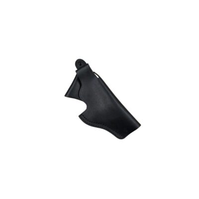 funda para pistola confeccionada en cuero negro con costuras reforzadas, caracterizada por un diseño abierto y moldeado que permite una extracción rápida del arma, incorporando una trabilla superior de anclaje alquiler para eventos, publicidad, peliculas y series