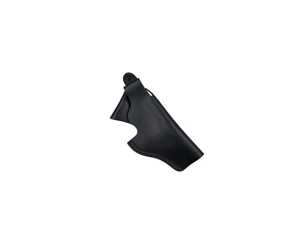 funda para pistola confeccionada en cuero negro con costuras reforzadas, caracterizada por un diseño abierto y moldeado que permite una extracción rápida del arma, incorporando una trabilla superior de anclaje alquiler para eventos, publicidad, peliculas y series